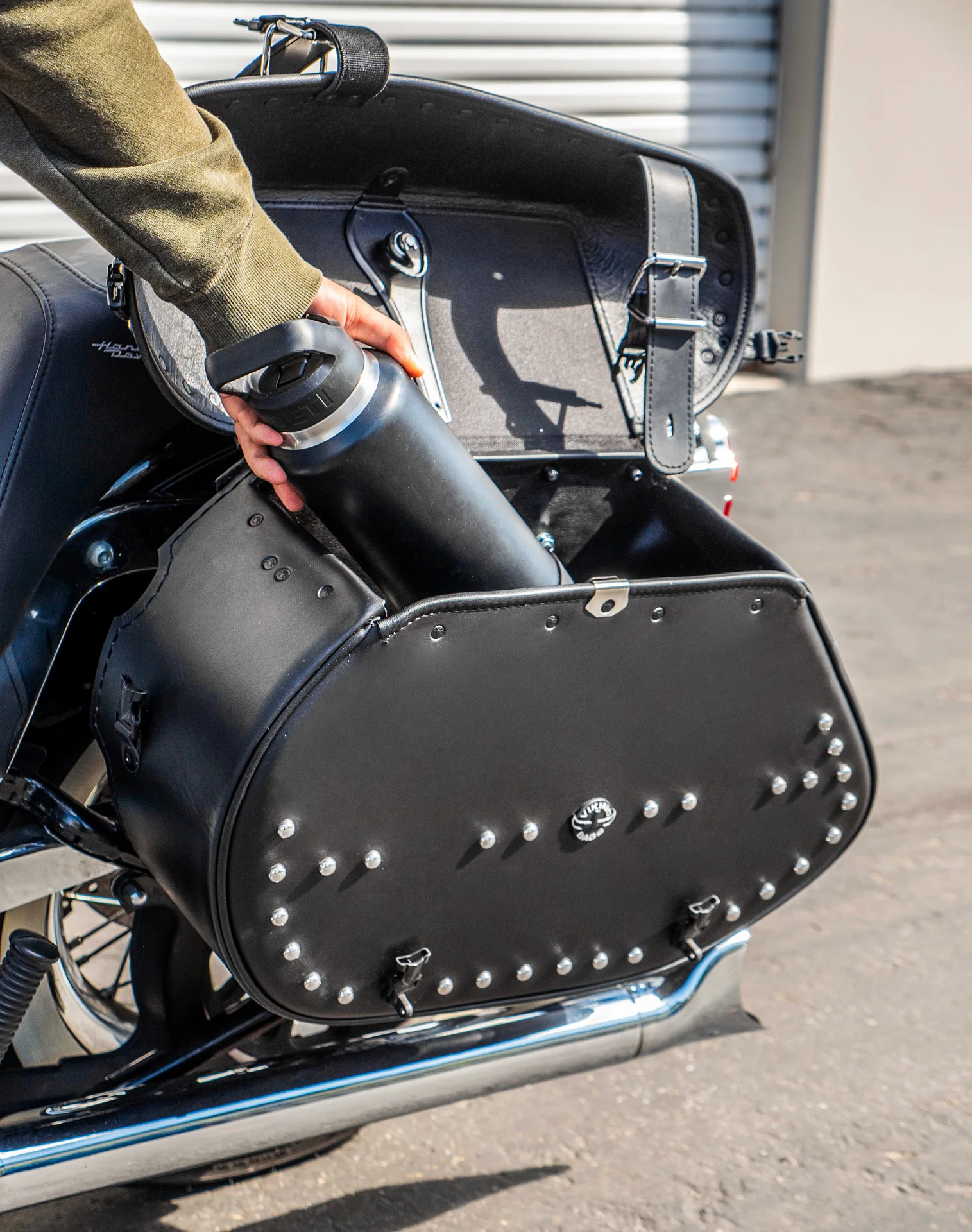 35L - Legacy Extra Large Studded Leather Motorcycle Saddlebags for Harley Softail Deluxe FLSTN/I - Image 6